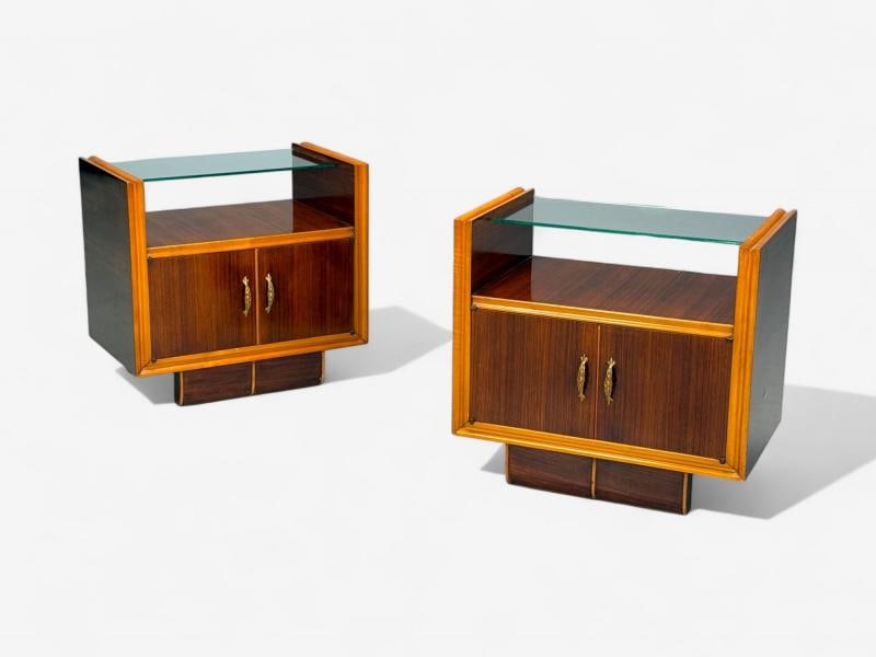 Italian Modern, Wood, Brass, Glass, Nightstands, Italy, 1950s - 2