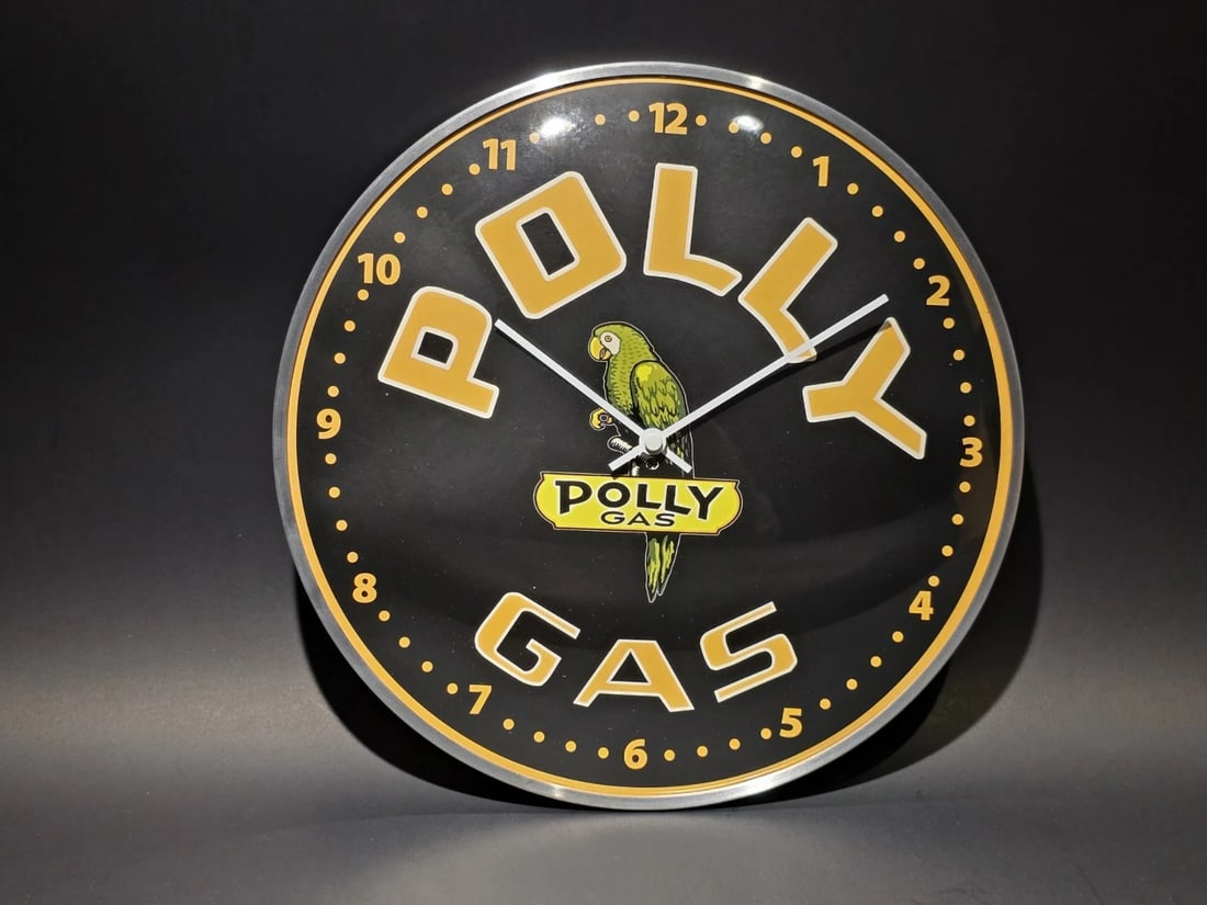 Round Polly Gas Oil Wall Clock Sign: Title:Round Polly Gas Oil Wall Clock SignDescription:12" Wonderful reproduction vintage-style "Polly Gas" branded wall clock, The clock face is black with gold-colored numerals and markings,