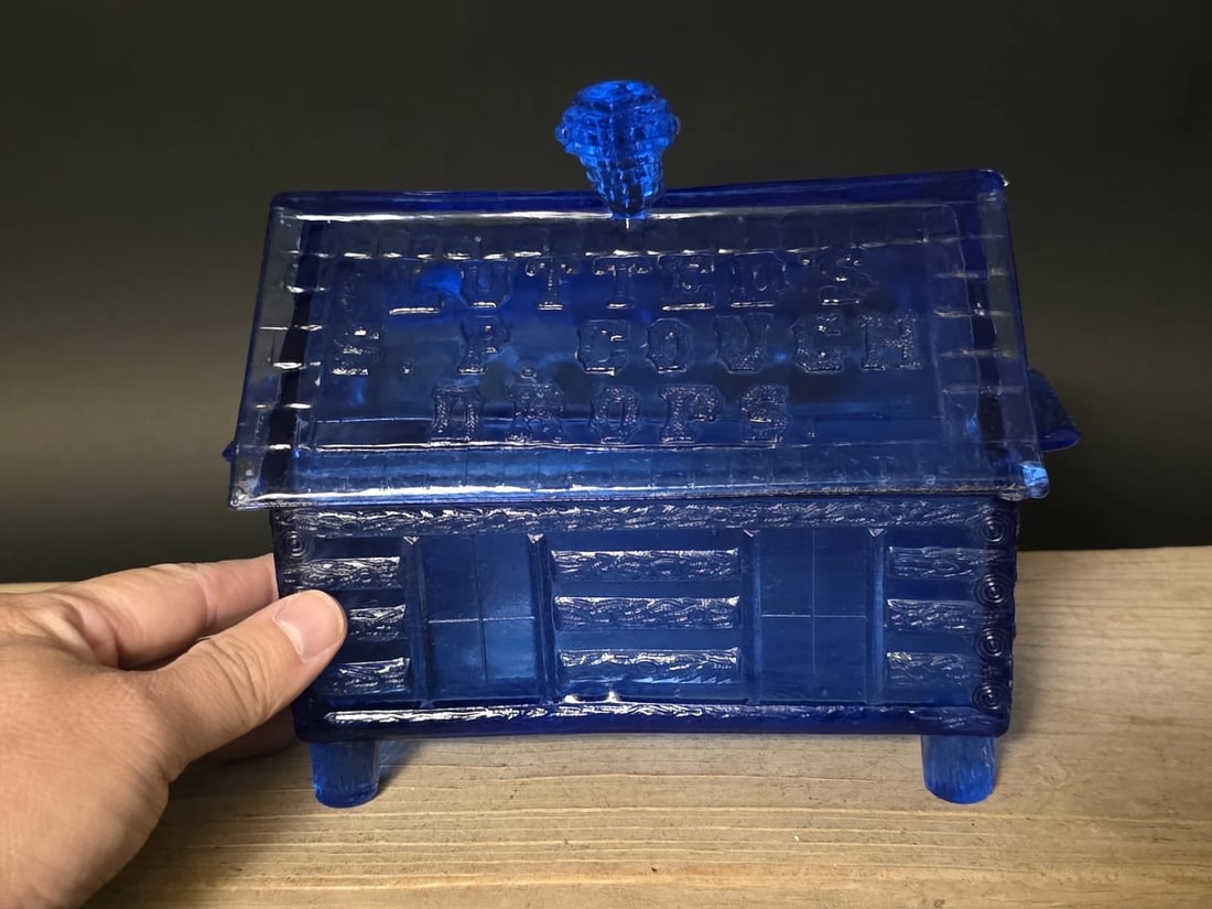Cobalt Blue Depression Glass Cabin Candy Dish Box: Title:Cobalt Blue Depression Glass Cabin Candy Dish Box Description:Lutted’s S.P. Cough Drops Log Cabin Dish – Cobalt Blue Pressed Glass (Pattern No. 78) This likely reproduction cobalt bl