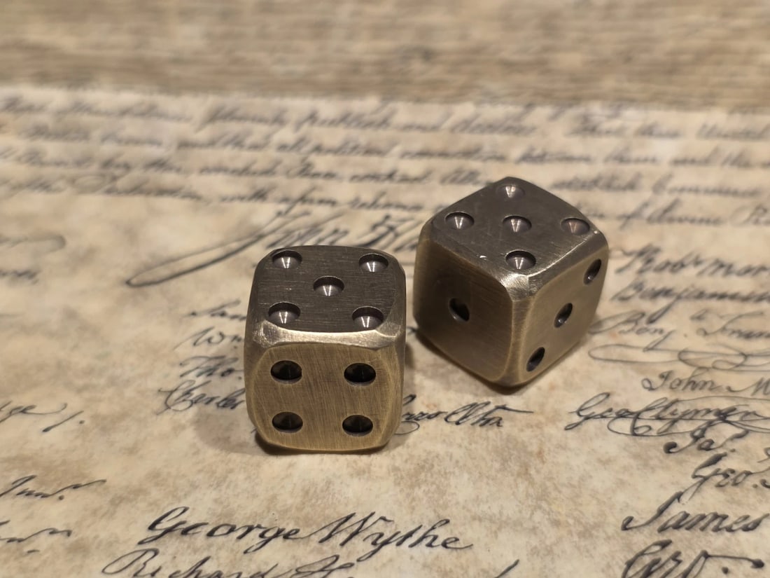 (2) 5/8" Solid Heavy Brass Metal Dice - 5