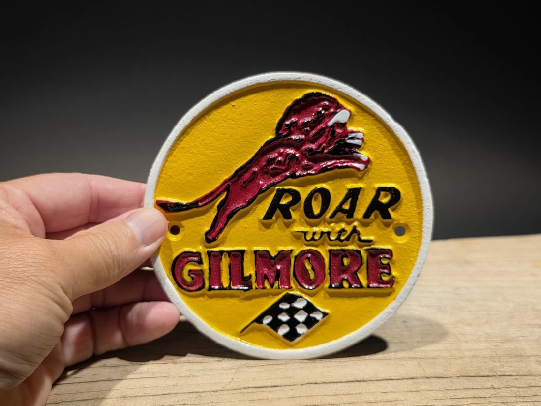 4 1/2" Metal Gilmore Gasoline Oil Plaque Sign: Title:4 1/2" Metal Gilmore Gasoline Oil Plaque SignDescription:4 1/2" round Such a neat reproduction metal plaque/sign. All handmade. Great for display! Reserve: $15.00 Shipping:Domestic: Flat-rate