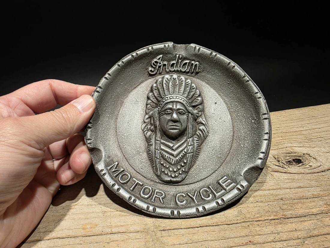 Aluminum Indian Motorcycle Ash Tray: Title:Aluminum Indian Motorcycle Ash TrayDescription:5 1/2" Wide A wonderful reproduction collectible Indian Motorcycle advertising ash tray. Advertising pieces like this many times were given to