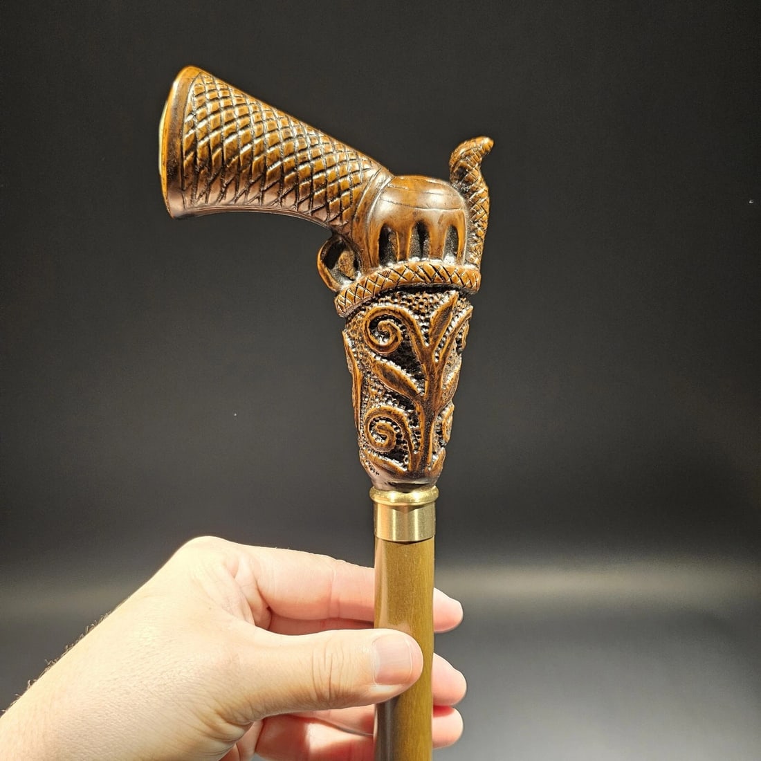 Wood Walking Cane With Gun Handle - 2