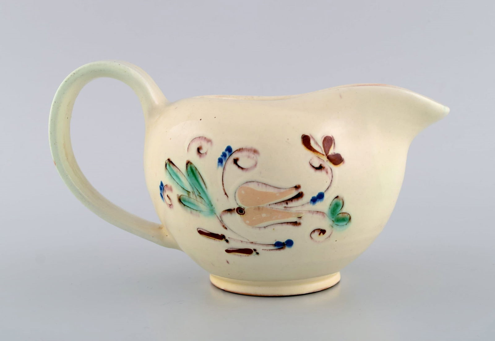Kähler, Denmark. Jug in glazed ceramics. Flowers on cream colored background. Modern design, - 2