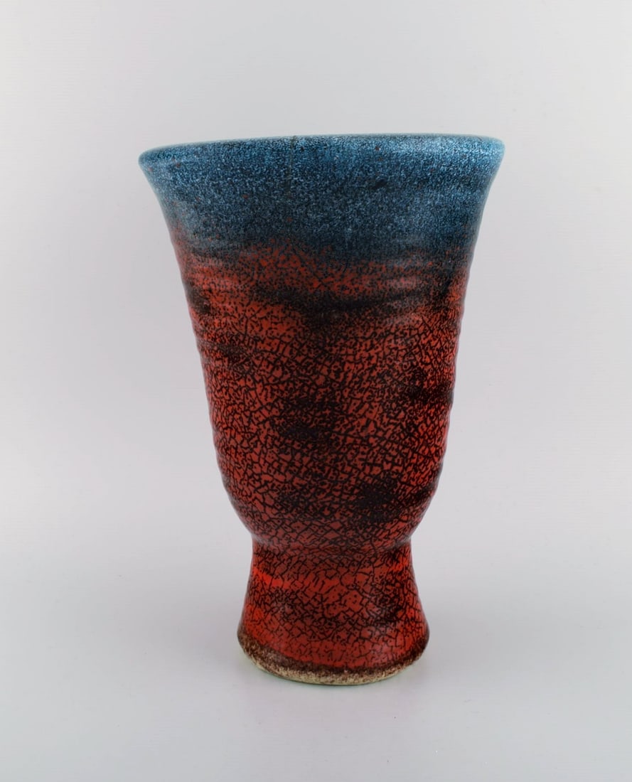 Accolay, France. Large art deco vase in glazed ceramics. Beautiful glaze in red and blue shades. - 3