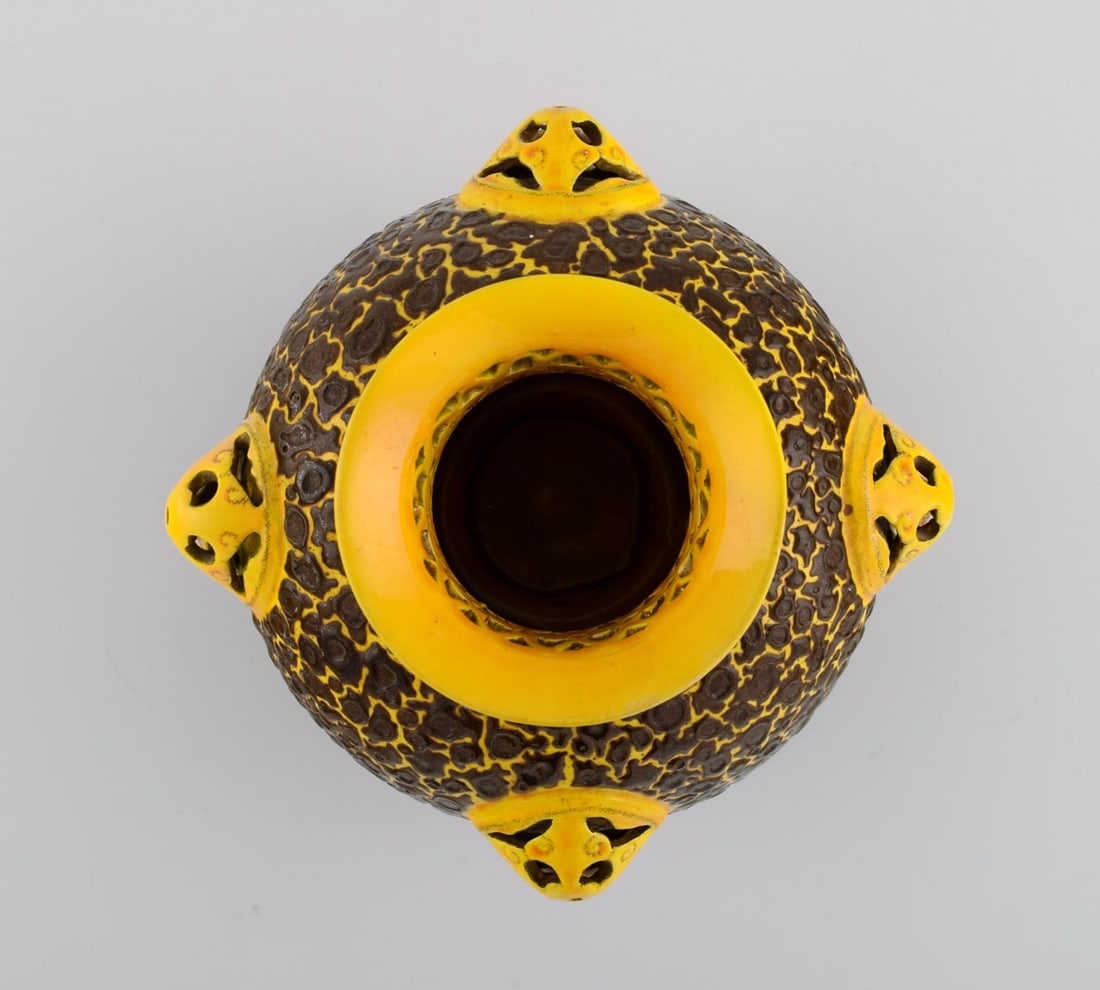 Antique Zsolnay vase in openwork glazed ceramics. Beautiful glaze in yellow and brown shades. Dated - 7