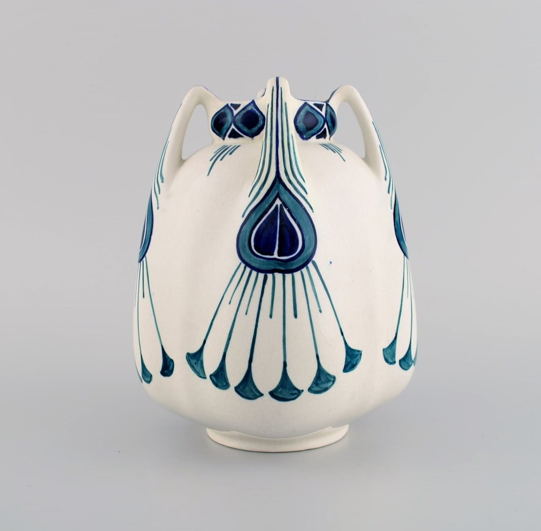 Alf Wallander for Rörstrand. Vase with four handles in hand painted glazed ceramics. 1920's. - 2