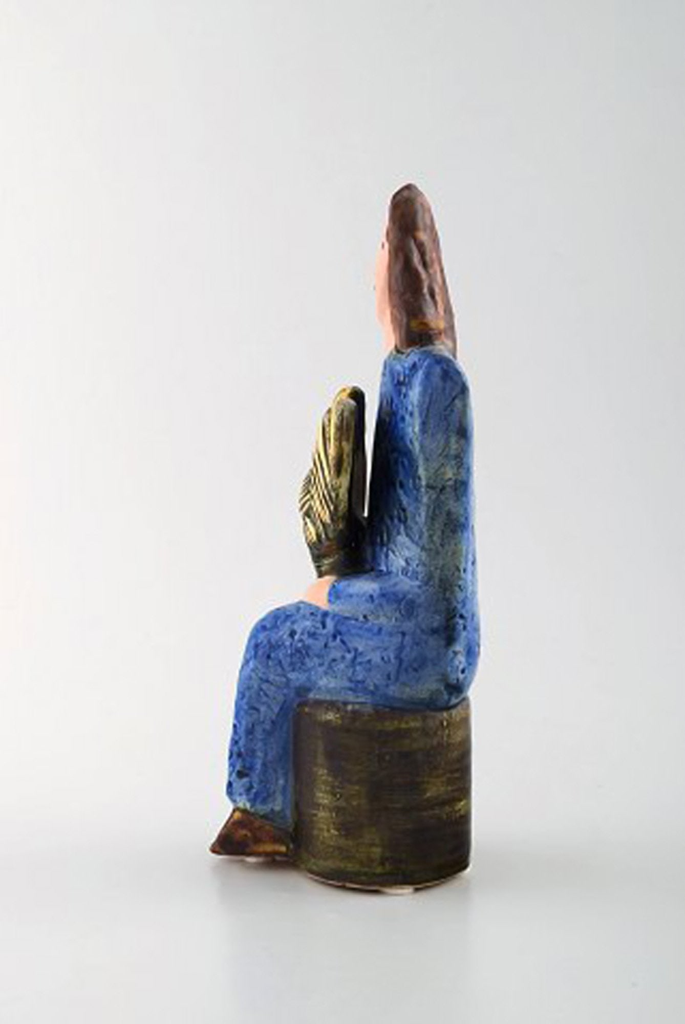 Very rare Lisa Larson unique figure of sitting woman in blue with golden rooster. - 4