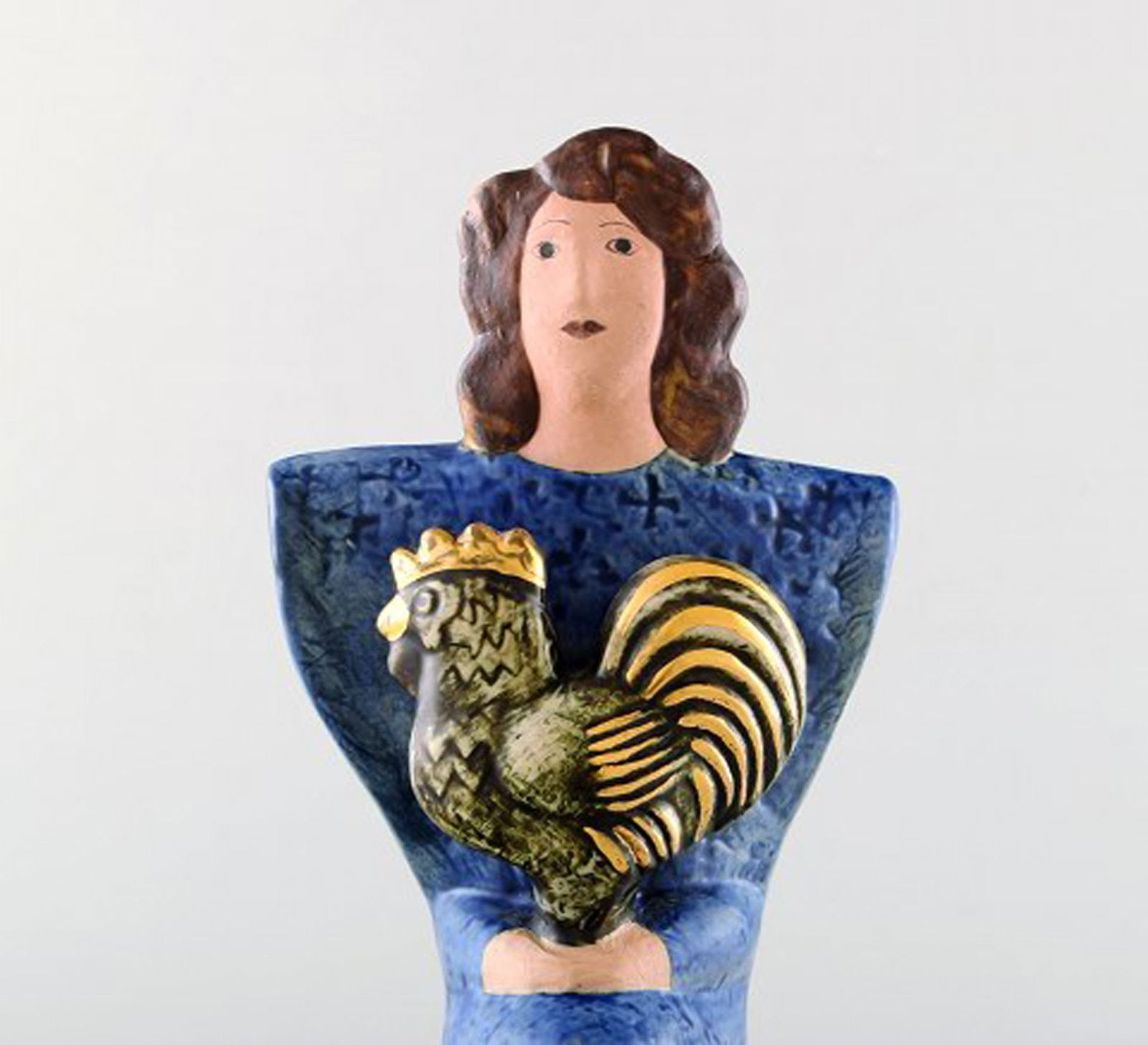 Very rare Lisa Larson unique figure of sitting woman in blue with golden rooster. - 5