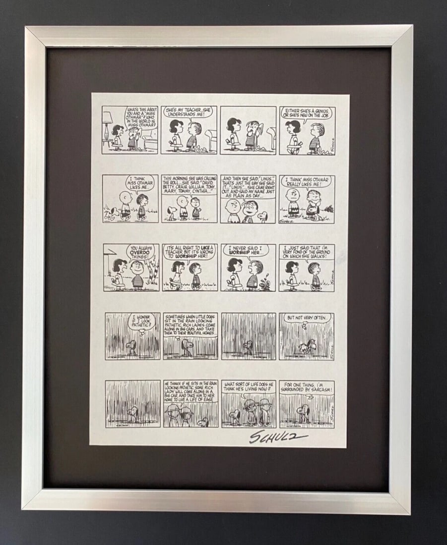 Charles Schulz Snoopy Peanuts 1968 Signed Vintage Print New Frame: Title: Charles Schulz Snoopy Peanuts 1968 Signed Vintage Print New Frame Description: PEANUTS CARTOON FACSIMILE SIGNED IN INK ART PRINT IS ABOUT 11.2 X 8.4IN THIS ART PRINT IS MOUNTED ON A 14 X 11 IN.