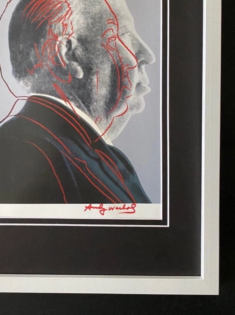 ANDY WARHOL + RARE 1984 SIGNED ALFRED HITCHCOCK PRINT MATTED AND FRAMED - 2