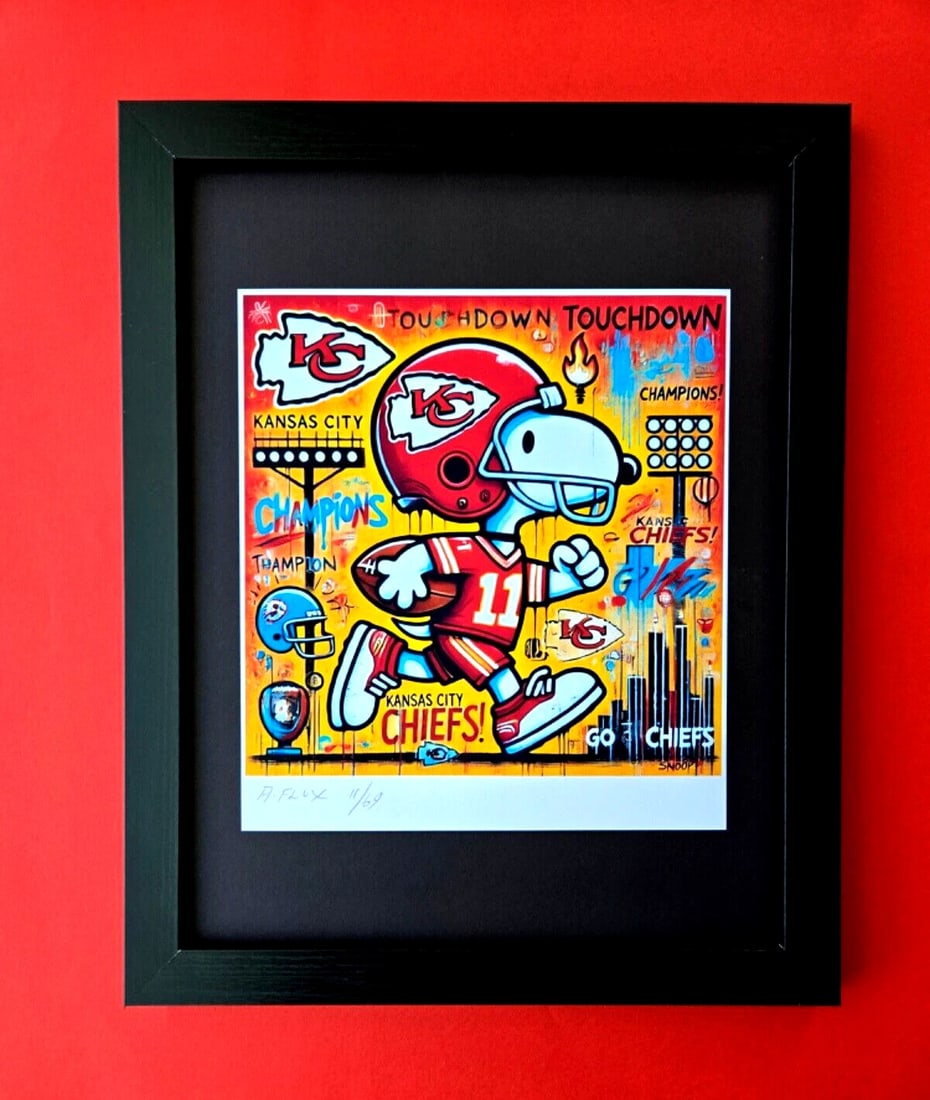 AIDAN FLUX | Hand Signed Print LtdEd of 69 COA SNOOPY CHIEFS QUARTERBACK: Title: AIDAN FLUX | Hand Signed Print LtdEd of 69 COA SNOOPY CHIEFS QUARTERBACK Description: This is a Stunning and Scarce 100% Authentic New Print by Aidan Flux AIDAN Flux represents a new wave of ar