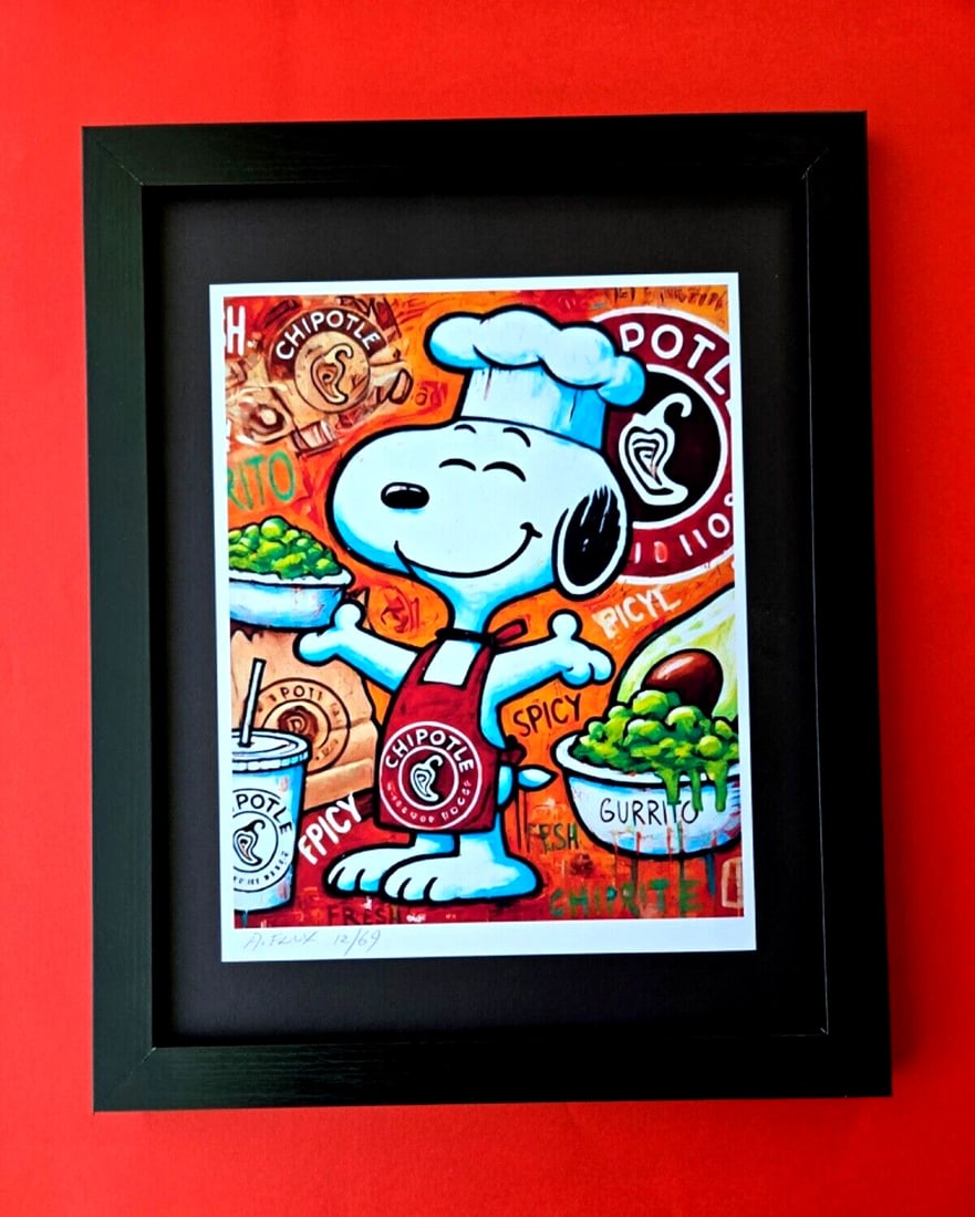 AIDAN FLUX | Hand Signed Print Framed LtdEd of 69 COA SNOOPY WORKS AT CHIPOTLE: Title: AIDAN FLUX | Hand Signed Print Framed LtdEd of 69 COA SNOOPY WORKS AT CHIPOTLE Description: This is a Stunning and Scarce 100% Authentic New Print by Aidan Flux AIDAN Flux represents a new wave