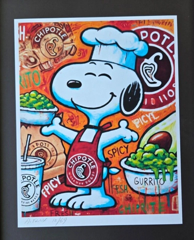 AIDAN FLUX | Hand Signed Print Framed LtdEd of 69 COA SNOOPY WORKS AT CHIPOTLE - 2