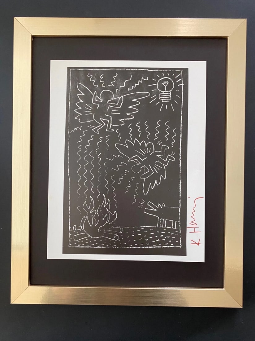 KEITH HARING + SIGNED VINTAGE PRINT FRAMED: Title: KEITH HARING + SIGNED VINTAGE PRINT FRAMED Description: This is a Beautiful and Scarce Vintage 1989 Print after Keith Haring FACSIMILE SIGNED IN RED INK Print is about 10x8in. Mounted and Frame