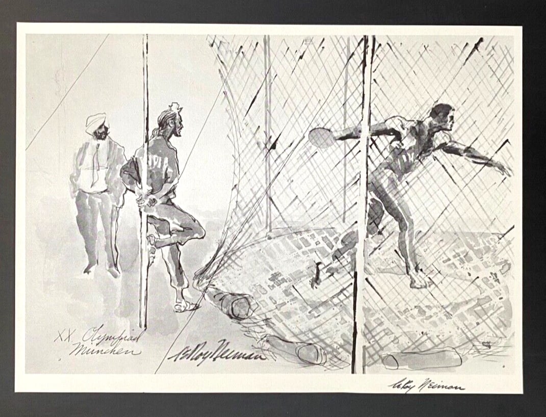 LEROY NEIMAN + 1972 Olympics VINTAGE SIGNED PRINT FRAMED + MUNICH + INDIA TEAM - 2