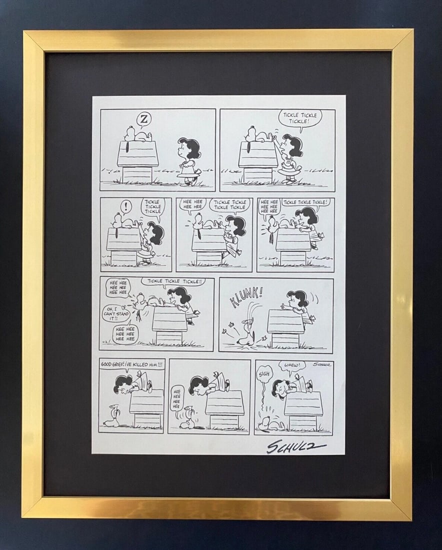 Charles Schulz Snoopy Peanuts 1968 Vintage Signed Print Framed: Title: Charles Schulz Snoopy Peanuts 1968 Vintage Signed Print Framed Description: PEANUTS CARTOON FACSIMILE SIGNED IN INK ART PRINT IS ABOUT 11.2 X 8.4IN THIS ART PRINT IS MOUNTED ON A 14 X 11 IN. BL