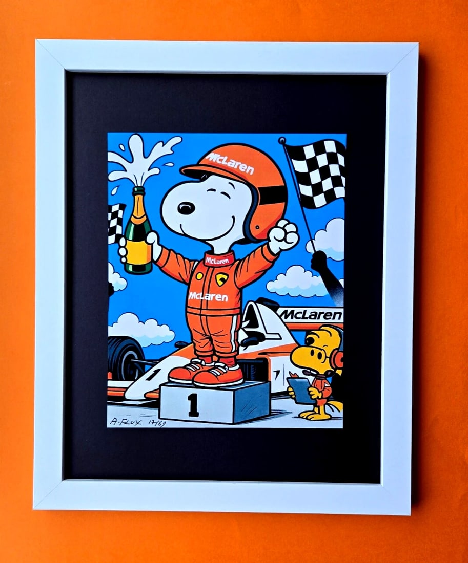 AIDAN FLUX | Hand Signed Print Framed LtdED of 69 COA SNOOPY IS MY MCLAREN PILOT: Title: AIDAN FLUX | Hand Signed Print Framed LtdED of 69 COA SNOOPY IS MY MCLAREN PILOT Description: This is a Stunning and Scarce 100% Authentic New Print by Aidan Flux AIDAN Flux represents a new wa