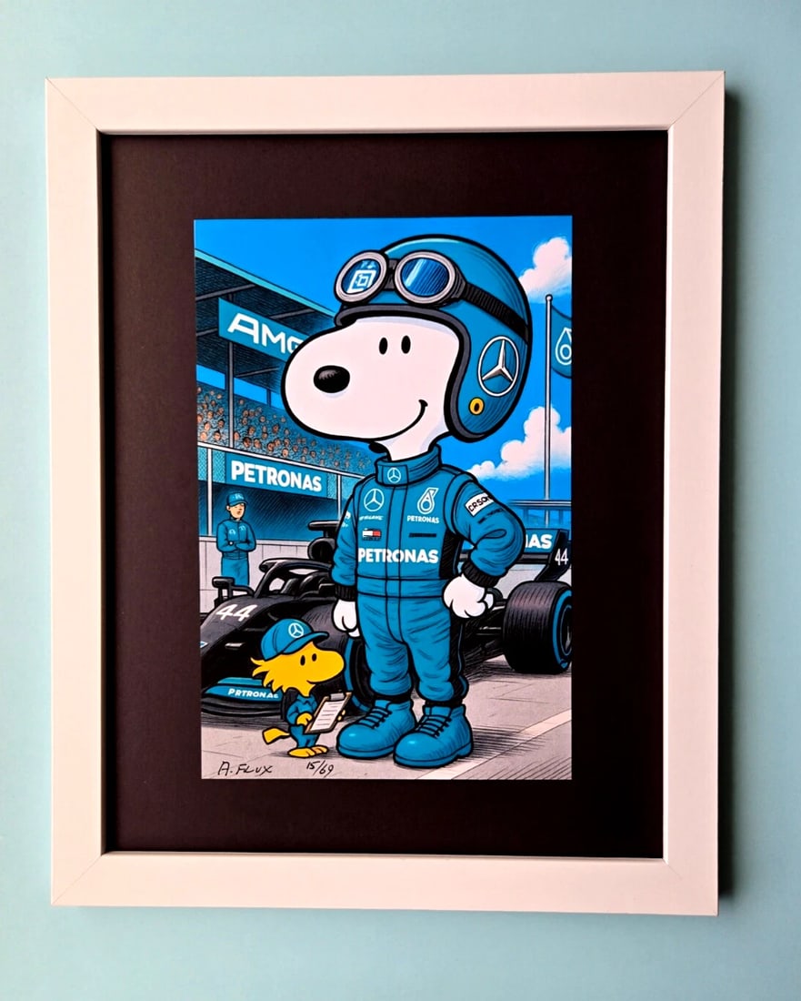 AIDAN FLUX | Hand Signed Print Framed LtdED of 69 COA SNOOPY IS A MERCEDES PILOT: Title: AIDAN FLUX | Hand Signed Print Framed LtdED of 69 COA SNOOPY IS A MERCEDES PILOT Description: This is a Stunning and Scarce 100% Authentic New Print by Aidan Flux AIDAN Flux represents a new wa