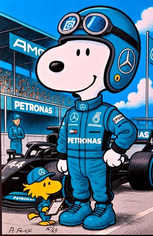 AIDAN FLUX | Hand Signed Print Framed LtdED of 69 COA SNOOPY IS A MERCEDES PILOT - 3