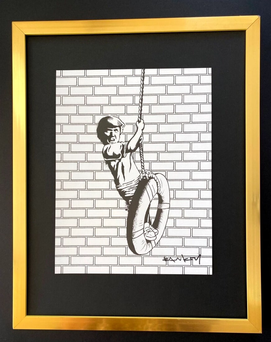 BANKSY + SIGNED DONALD TRUMP PRINT FRAMED: Title: BANKSY + SIGNED DONALD TRUMP PRINT FRAMED Description: This is a Beautiful and Scarce Print after BANKSY " DONALD TRUMP" FACSIMILE SIGNED IN INK Print is about 8x8in. Mounted and Framed coverin