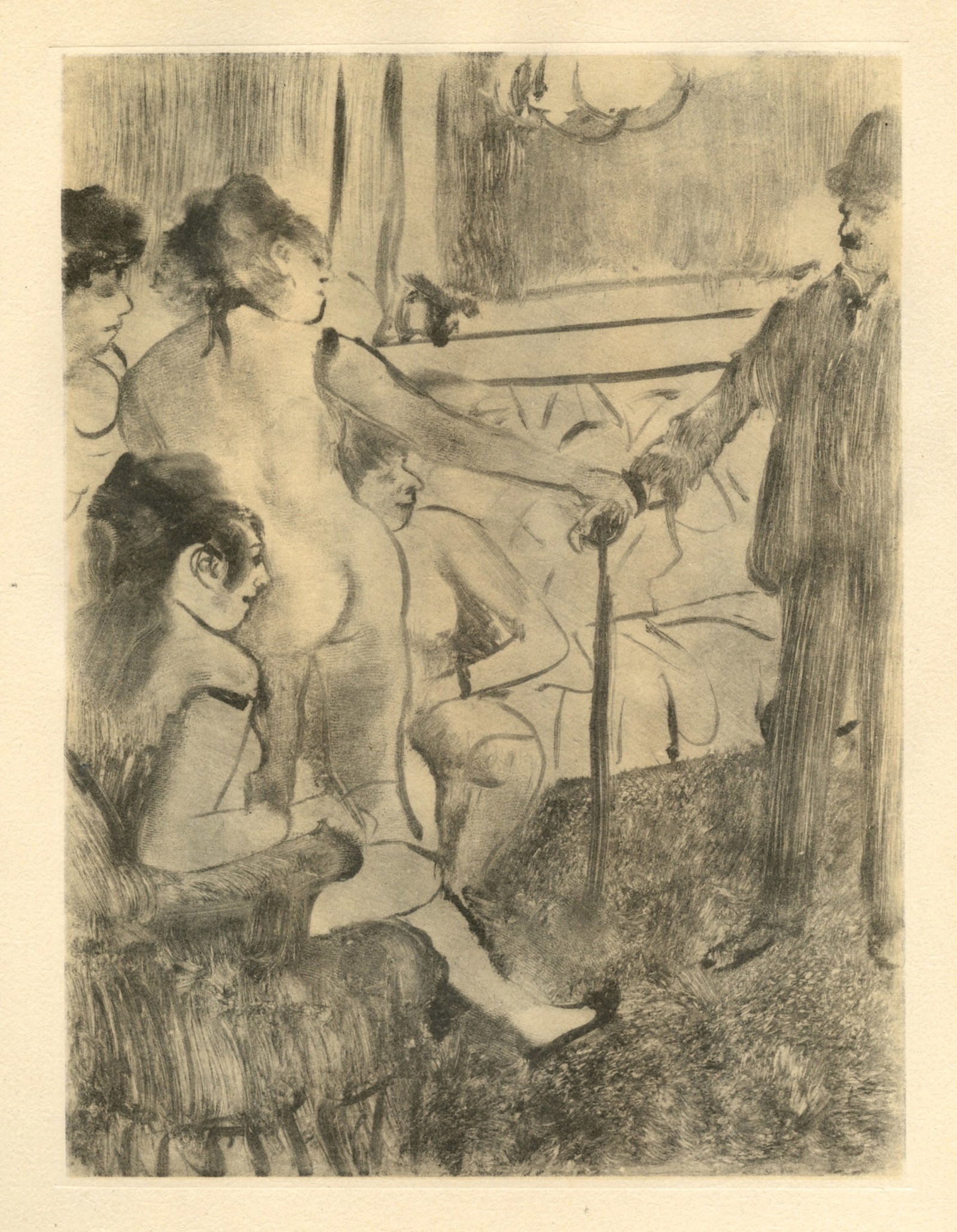 Edgar Degas monotype "Un Client serieux": Title: Edgar Degas monotype "Un Client serieux" Description: Medium: engraving. This recreation (after the original monotype) was printed in a limited edition of 1000 and published in Paris in 1948 by