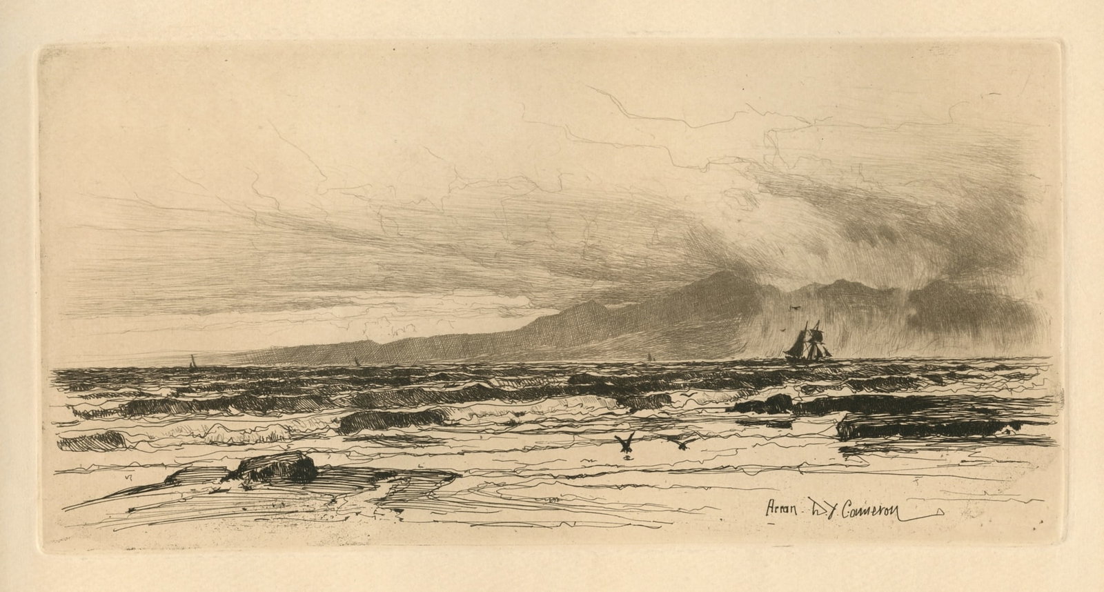 David Young Cameron "Arran" original etching: Title: David Young Cameron "Arran" original etching Description: Medium: original etching and drypoint. This impression on on cream wove paper was printed in 1889. Plate size: 5 x 9 3/4 inches (125 x