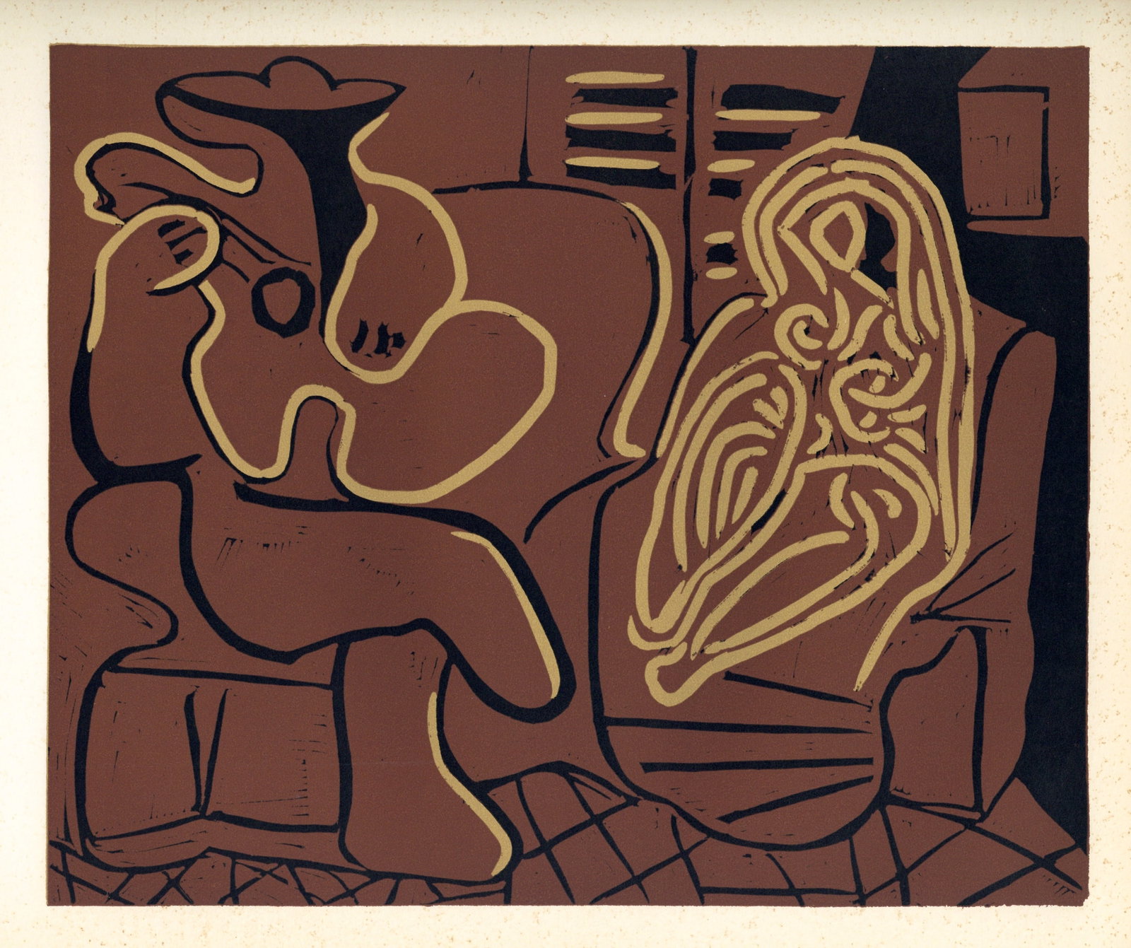 Pablo Picasso linocut "Guitar Player and Seated Woman": Title: Pablo Picasso linocut "Guitar Player and Seated Woman" Description: Medium: linocut re-creation (after the original Picasso linocut). Picasso started making linoleum cuts during the late