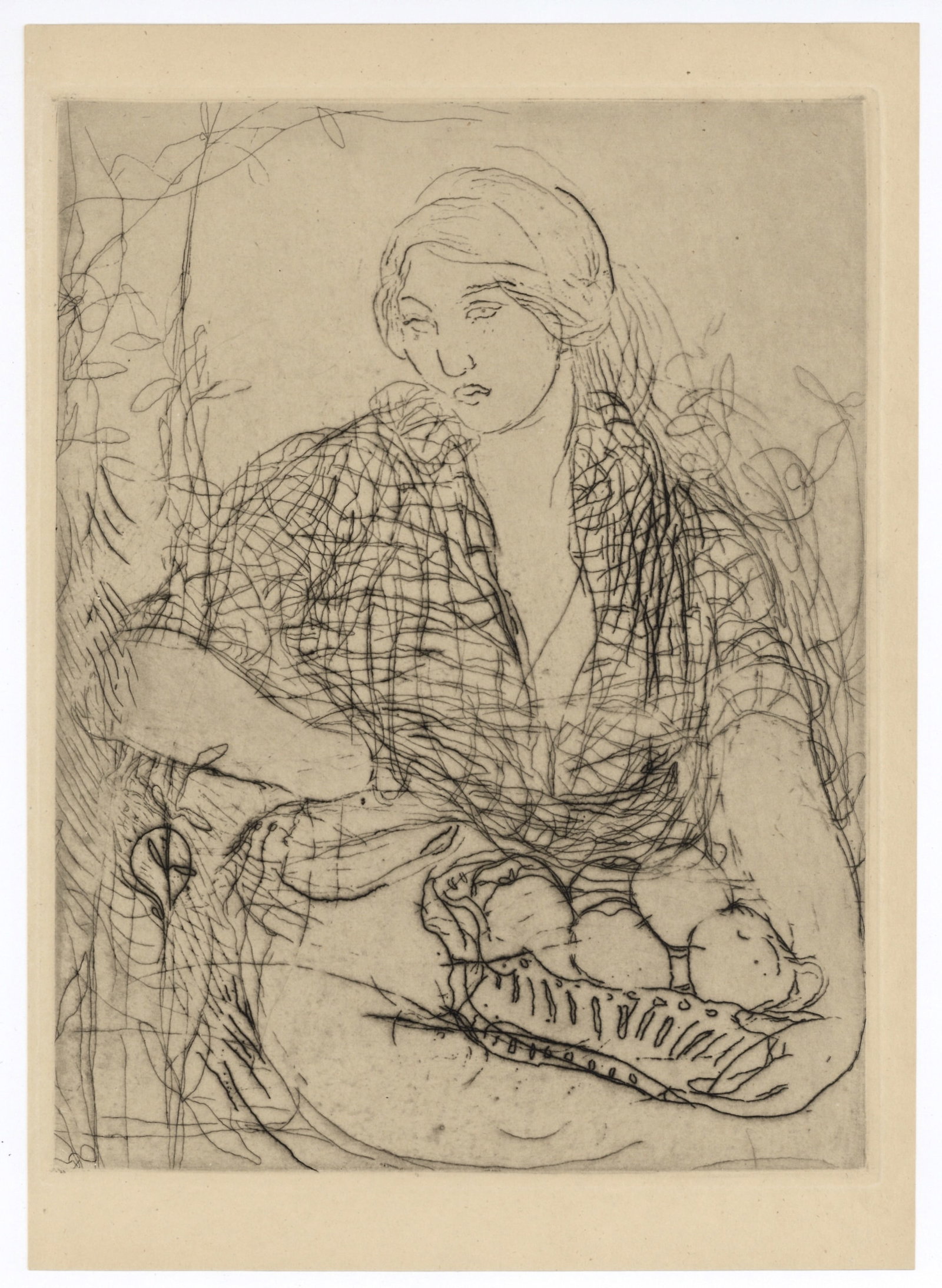 Edmond Aman-Jean original etching "La femme a la courbeille": Title: Edmond Aman-Jean original etching "La femme a la courbeille" Description: Medium: original etching. A fine impression on japon paper, printed in Paris in 1926 for the Revue de l'Art ancien et