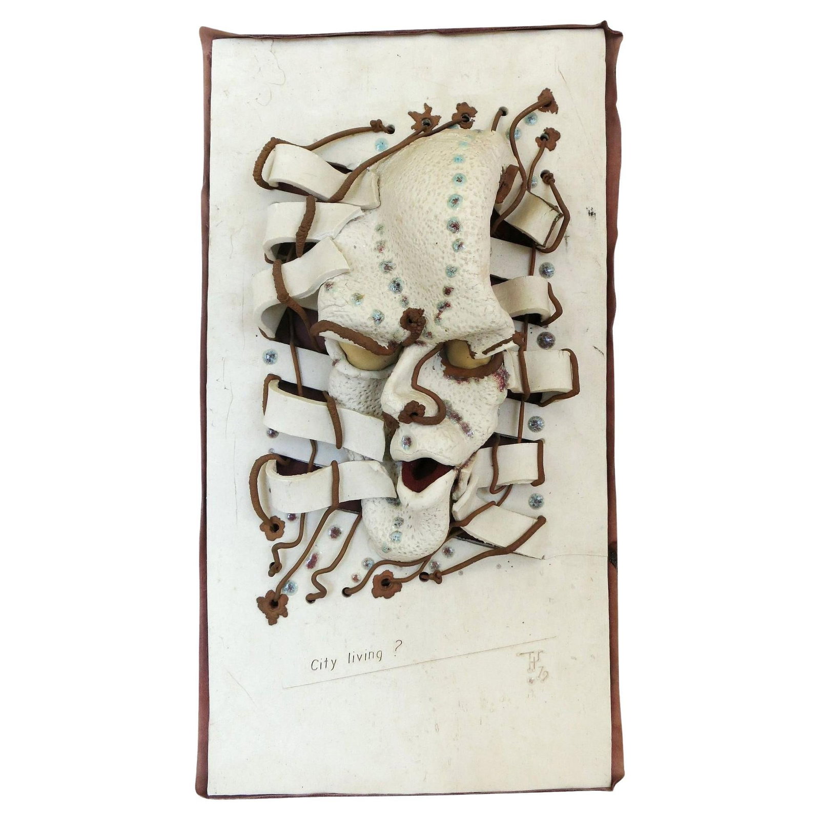Postmodern "City Living ?" Art Pottery Figural Wall Sculpture: Title: Postmodern "City Living ?" Art Pottery Figural Wall Sculpture Description: Postmodern "City Living ?" Art Pottery figural wall sculpture signed "THS 79" featuring an abstract face being