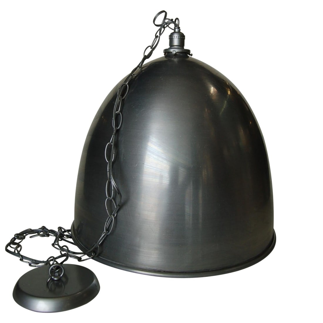 Brushed Aluminum Industrial Round Swag Ceiling Fixture: Title: Brushed Aluminum Industrial Round Swag Ceiling Fixture Description: Brushed aluminum industrial round swag ceiling fixture. Measures: 18" high x 18" diameter. Dimensions: Dimensions: Height: 18