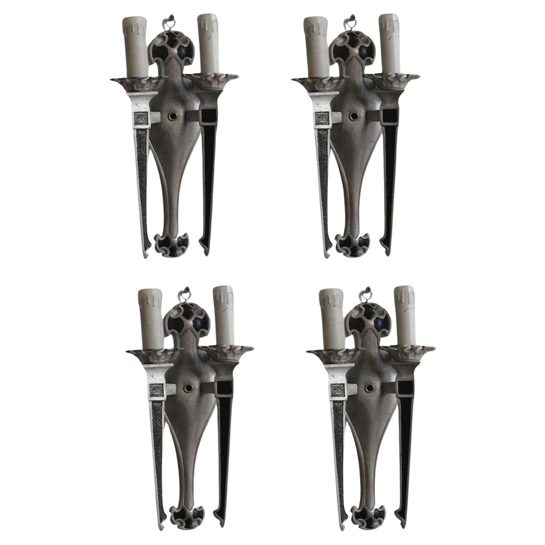 Geometric Art Deco Aluminum Lighted Wall Sconces, Set of 4: Title: Geometric Art Deco Aluminum Lighted Wall Sconces, Set of 4 Description: Vintage 1920s geometric Art Deco aluminum wall sconces with black overlaid enamel showcasing a Classic deco style. Stampe
