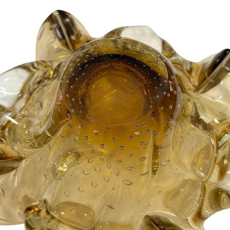 Mid-century Bullicante Amber Gold-Tone Ruffle Murano Art Glass Ashtray - 6
