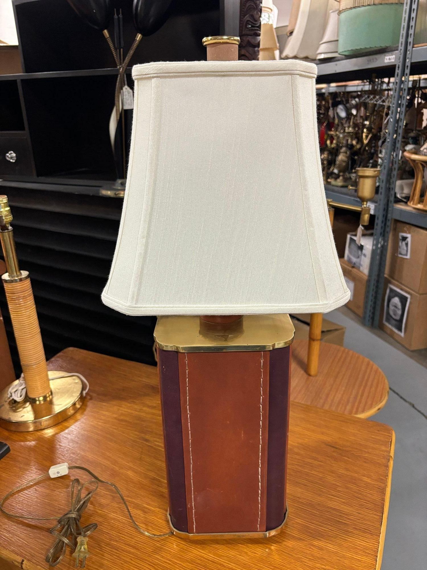 Two-Toned Square Leather Wrapped Table Lamp with Gold Trim - 3