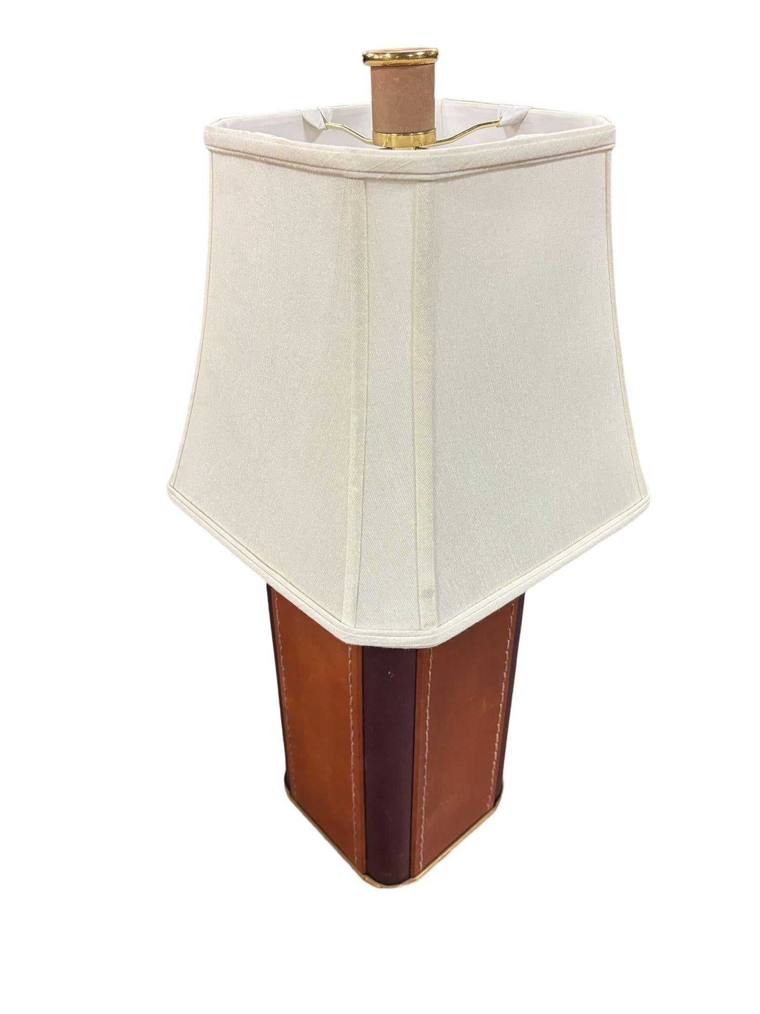 Two-Toned Square Leather Wrapped Table Lamp with Gold Trim - 9