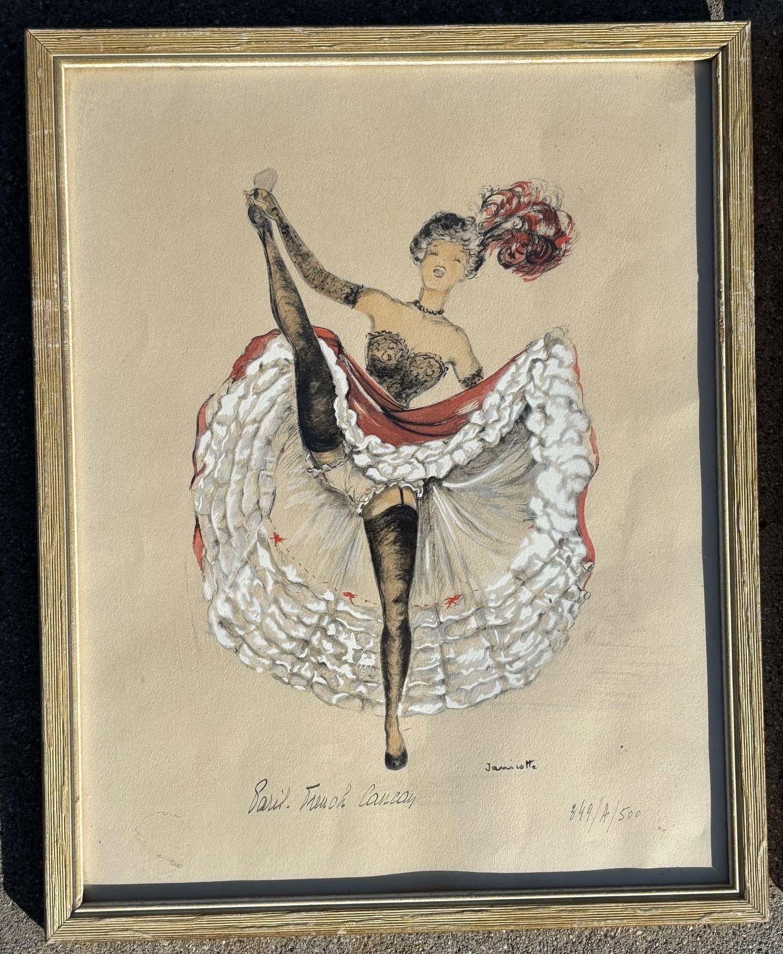 Pair of Original French Cabaret CanCan Dancers Watercolor Paintings by Janicotte - 10