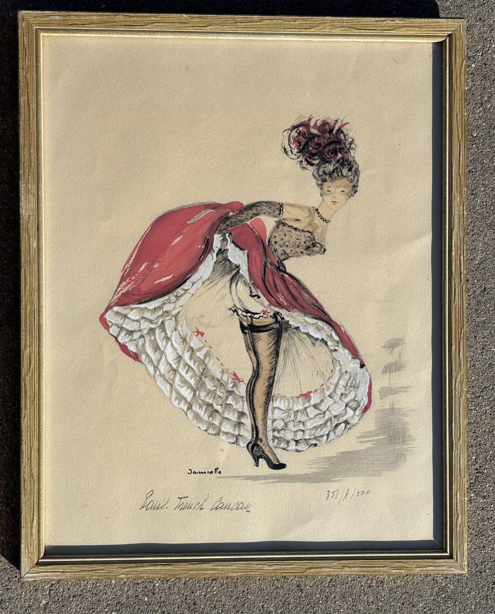 Pair of Original French Cabaret CanCan Dancers Watercolor Paintings by Janicotte - 11