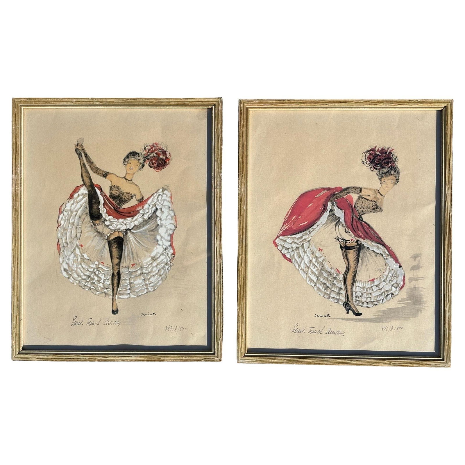 Pair of Original French Cabaret CanCan Dancers Watercolor Paintings by Janicotte: Title: Pair of Original French Cabaret CanCan Dancers Watercolor Paintings by Janicotte Description: This pair of original, signed Janicotte Parisian Can-Can Dancers captures the lively spirit of turn