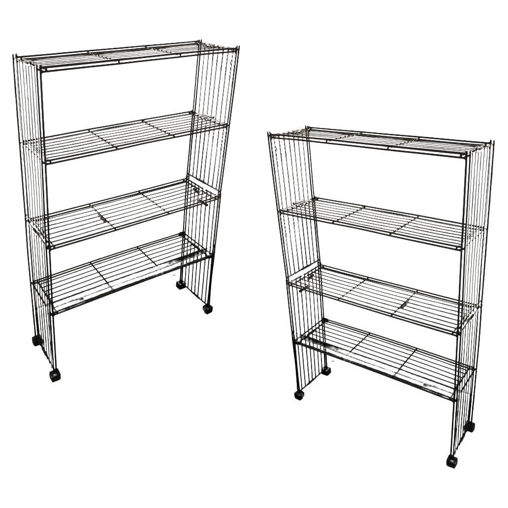 Mid-Century 4-Tier Iron Wire Art Display Shelf Bookshelf, Pair: Title: Mid-Century 4-Tier Iron Wire Art Display Shelf Bookshelf, Pair Description: Original pair of Mid-Century iron wire 4-tier art display shelf bookshelfs each featuring a welding frame made from h