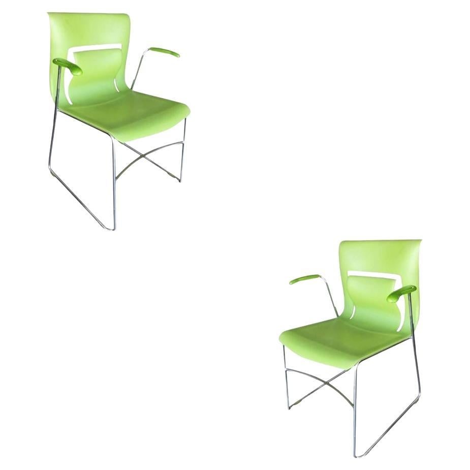 Green Stylex "Rhythm" Armchair by Sava Cvek, Pair: Title: Green Stylex "Rhythm" Armchair by Sava Cvek, Pair Description: This piece is a simple, yet elegant modern "Rhythm" armchair featuring a chromed steel base with a molded "black twilight" plastic