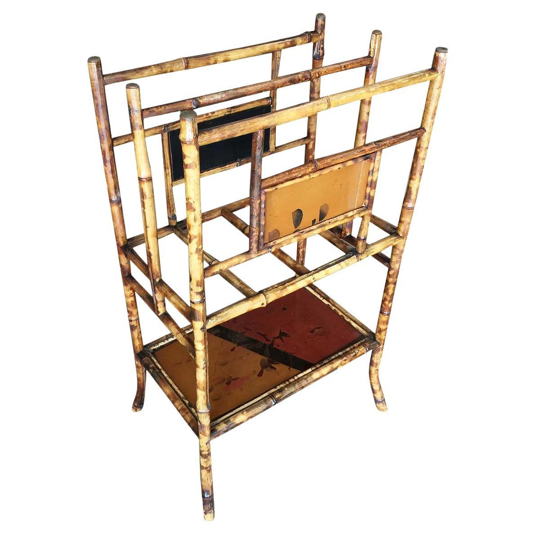 Restored Aesthetic Movement Large Two-Tier Tiger Bamboo Magazine Rack w/ Divider - 15