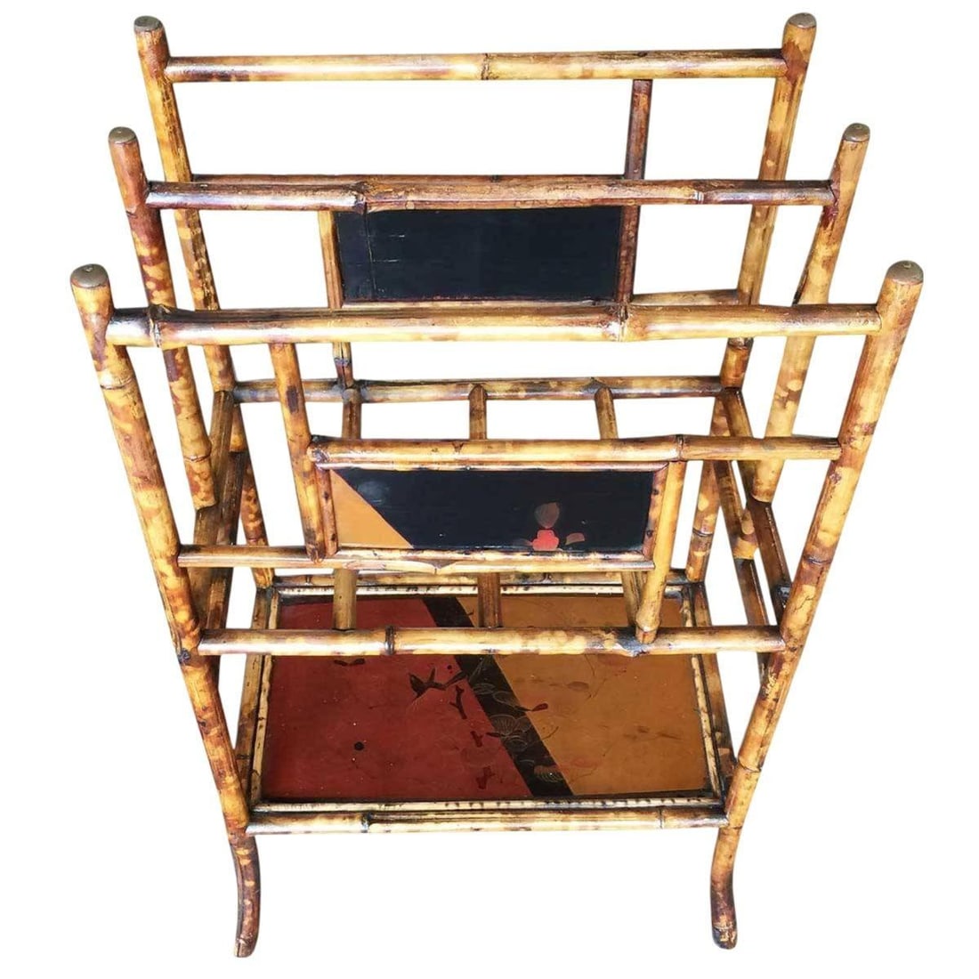Restored Aesthetic Movement Large Two-Tier Tiger Bamboo Magazine Rack w/ Divider - 19