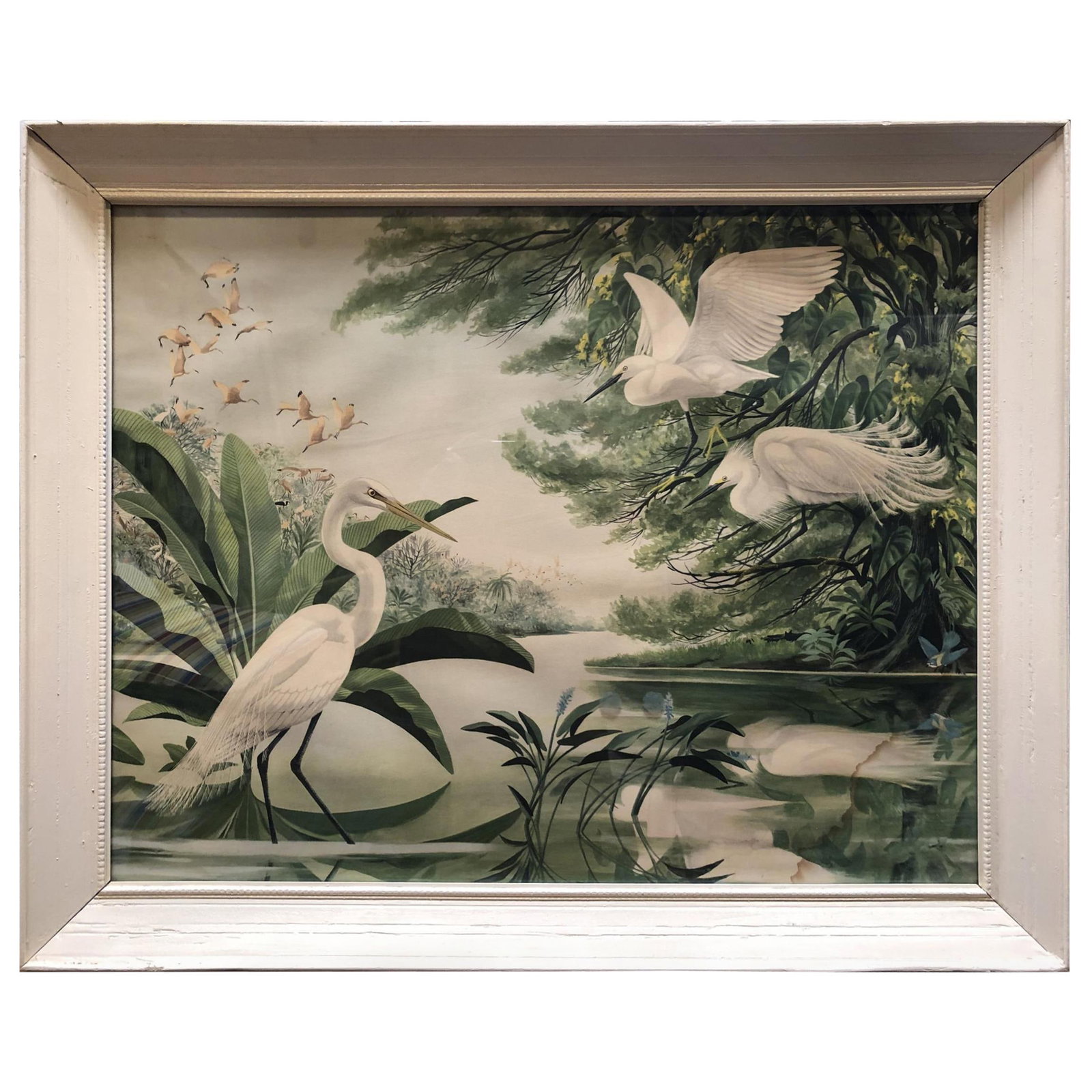 Post-War Tropical Cranes Print in Original Frame: Title: Post-War Tropical Cranes Print in Original Frame Description: Original post-war midcentury tropical print featuring a group of cranes in a tropical lagoon. This print comes in its original