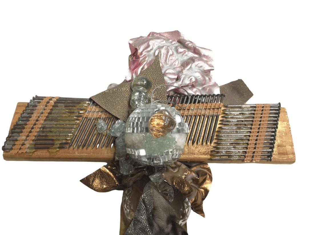 Vintage Flat Wood Cross with Mixed Media Decorations - 18