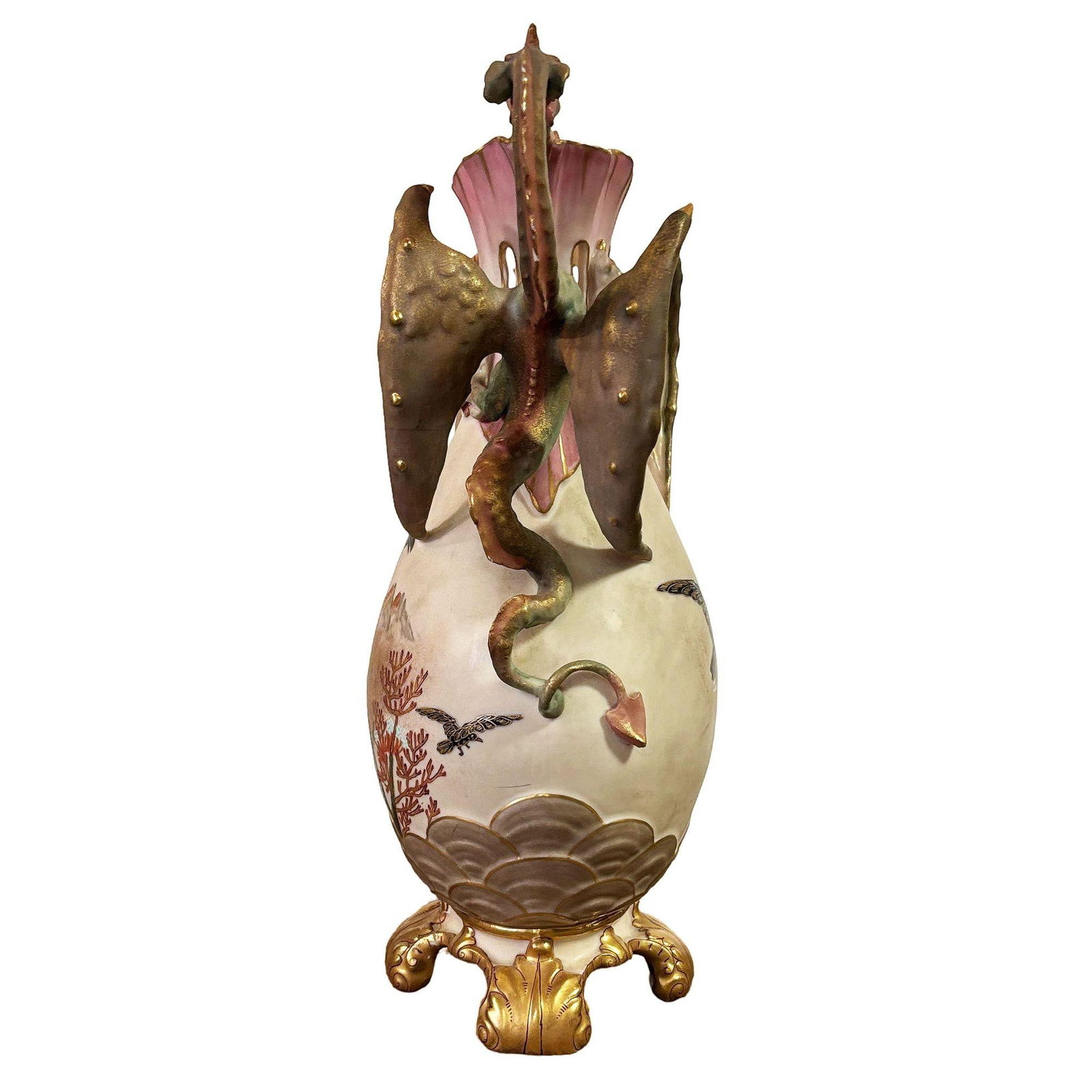 Victorian Dragon Handle Ceramic Vase w/ Hand Painted Corvus by Alfred Stellmache - 19