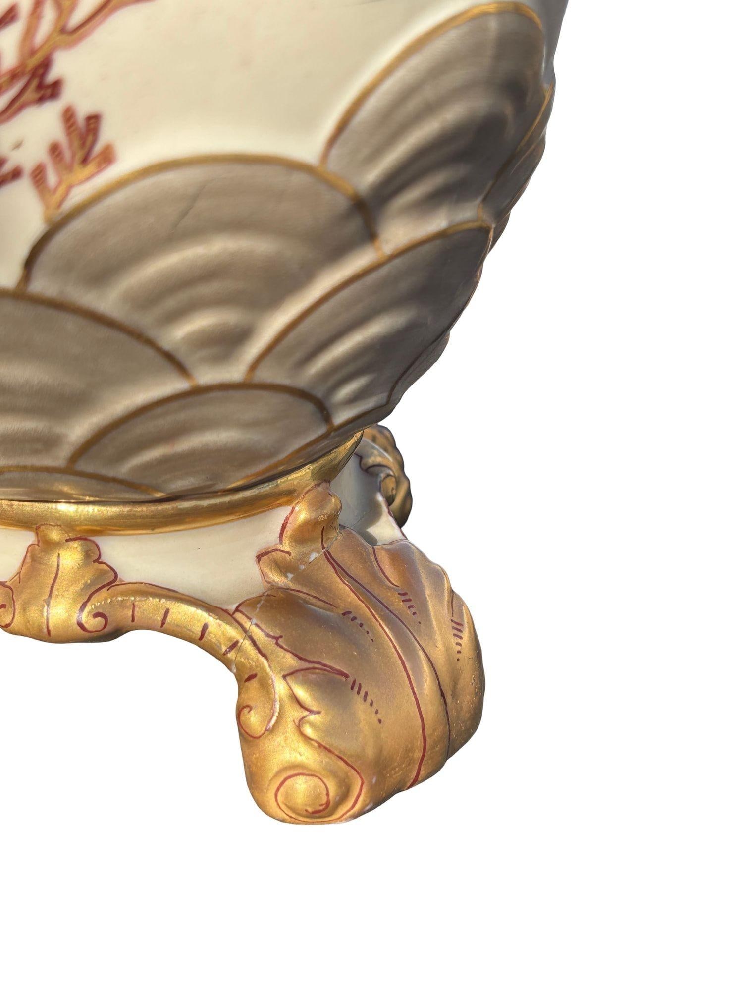 Victorian Dragon Handle Ceramic Vase w/ Hand Painted Corvus by Alfred Stellmache - 2