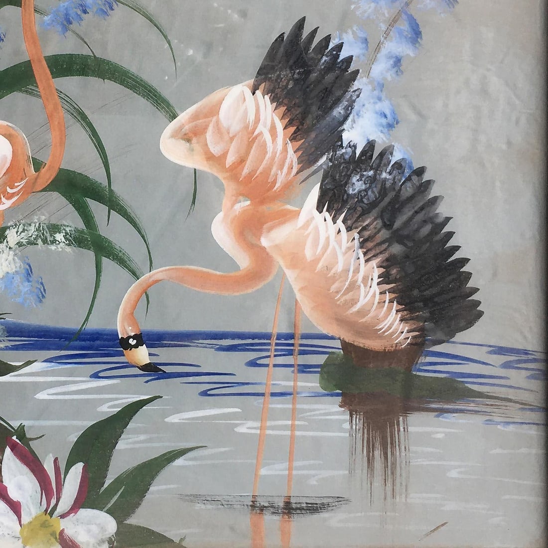 Restored Tropical Flamingos Acrylic on Paper in Original Frame, Unisgned - 5