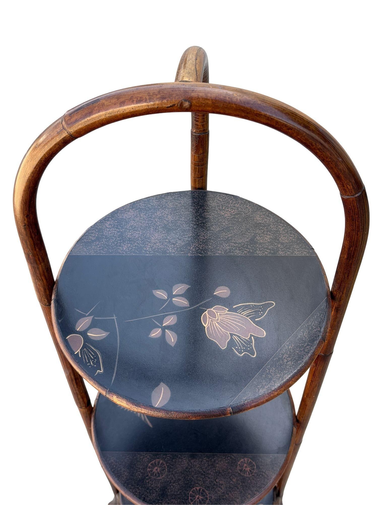 Costal Three Tiered Dark Stained Rattan Shelf w East Asian Motif Tops - 12