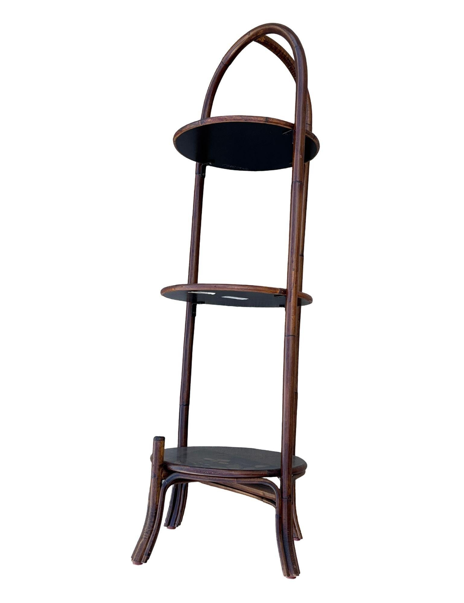 Costal Three Tiered Dark Stained Rattan Shelf w East Asian Motif Tops - 5