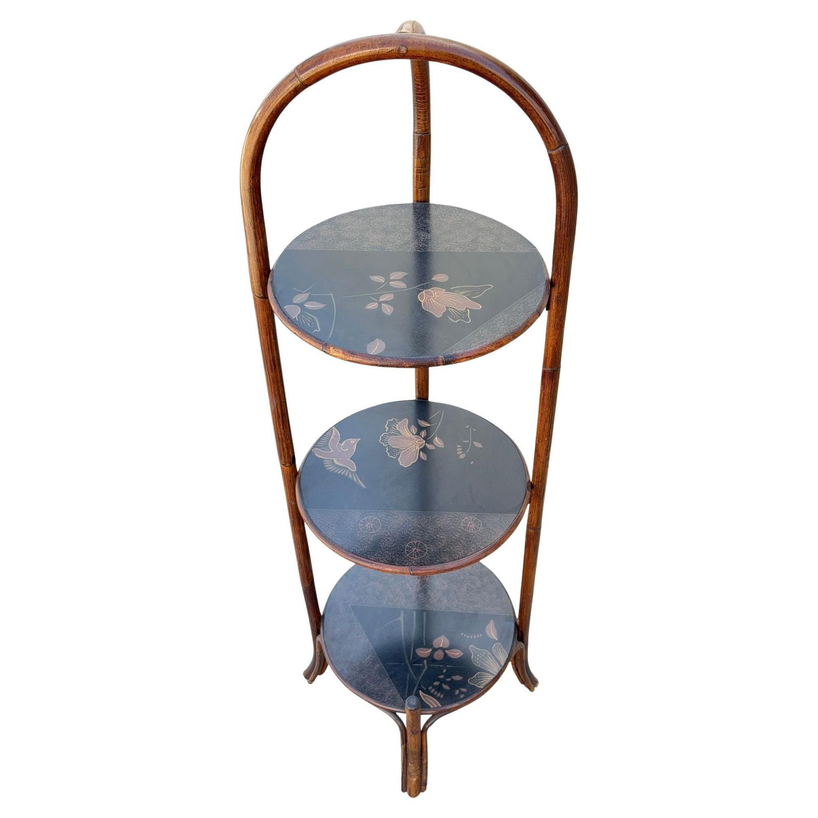 Costal Three Tiered Dark Stained Rattan Shelf w East Asian Motif Tops - 7